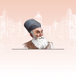 An artistic illustration of Jamsetji Tata with the Taj Mahal Palace hotel in the background against a peach gradient backdrop.