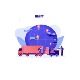 A flat vector illustration showing global logistics, a delivery truck, forklift, and globe with map pins representing international shipping services.