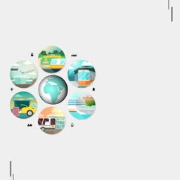 A circular infographic showing a central globe surrounded by six smaller circles representing various modes of transport including flight, train, cruise ship, and car.