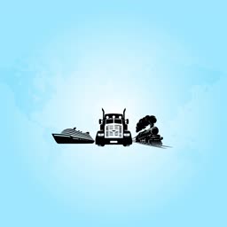 Icons representing ship, truck, and steam train on a light blue world map background.