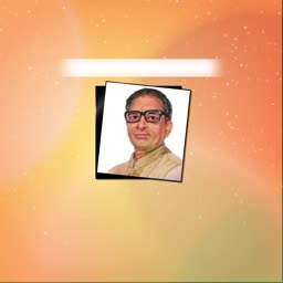 A man wearing glasses in a framed portrait against an orange gradient background.