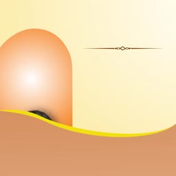 A minimalist graphic featuring an orange archway over a wavy tan landscape with a yellow accent line.