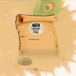 A graphic featuring a parchment scroll background with a circular portrait of a man, likely a historical figure, accompanied by a peacock feather and the text Heartfelt tribute.