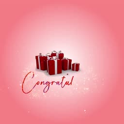 A festive congratulations graphic featuring red gift boxes with white ribbons against a pink gradient background.