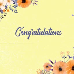 A pale yellow greeting card featuring orange flowers in corners and the word Congratulations written in elegant dark font.