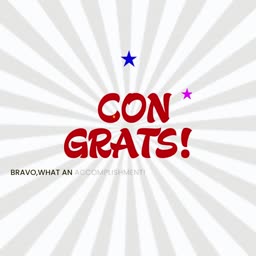 A celebratory graphic with the text CONGRATS in red, with stars and a grey radial sunburst background.