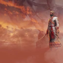 A regal portrait of Chhatrapati Shivaji Maharaj standing against a fiery, clouded battlefield backdrop.