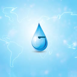 A large, clear water drop icon overlaid on a stylized world map background, representing global water conservation.