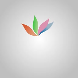 A minimalist abstract logo featuring a multi-colored floral shape on a gradient gray background