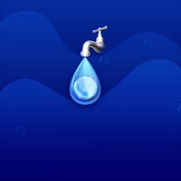 A metallic water tap dripping a single drop containing a globe on a deep blue wavy background