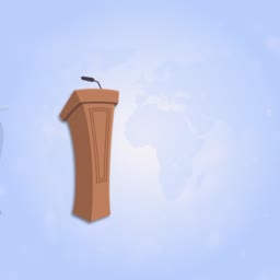 A brown wooden podium with a microphone standing against a light blue background featuring a faint world map.