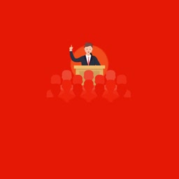 A flat illustration of a speaker at a podium addressing a crowd against a red background.