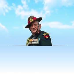 Portrait of General Bipin Rawat in Indian Army uniform against a blue sky background