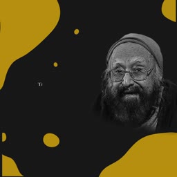 A black and white portrait of a smiling bearded man wearing glasses and a cap, set against a dark background with abstract mustard yellow organic shapes.