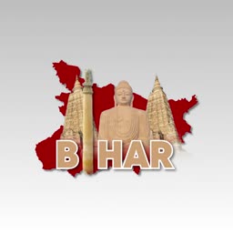 A creative illustration featuring the map of Bihar, the Mahabodhi Temple, and the Great Buddha statue with the text BIHAR.