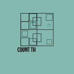 A minimalist graphic design featuring black outlined squares on a muted teal background with the text Count Th.