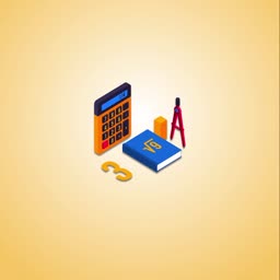 An isometric illustration featuring a calculator, math book with square root symbol, divider, and the number three on a light yellow background.