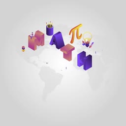 3D isometric math letters with educational symbols on a world map background