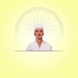 A portrait of Indian revolutionary Chandrashekhar Azad against a faint Ashoka Chakra background