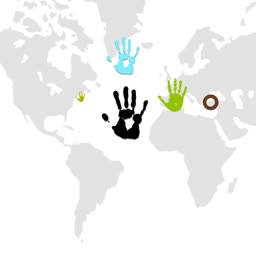 A world map background with various colored handprints scattered across it, representing global diversity.