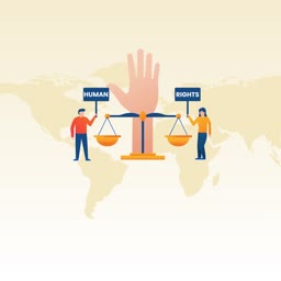 An illustration featuring a person holding a sign saying Human and a person holding a sign saying Rights with a scale of justice balanced on a giant hand over a world map background.