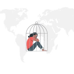 A illustration of a person sitting curled up inside a birdcage against a world map background.