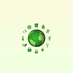 A green Earth globe surrounded by various eco-friendly sustainability icons on a light background