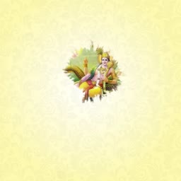 An artistic depiction of Lord Vishnu seated centrally on a decorative light yellow background.