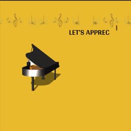 A graphic featuring a grand piano on a mustard yellow background with musical notes and the text Let's Appreciate.