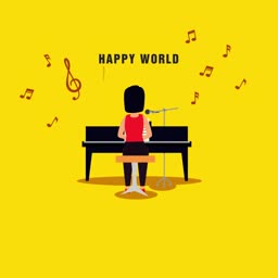 A cartoon illustration of a musician playing a piano on a bright yellow background with musical notes and the text Happy World