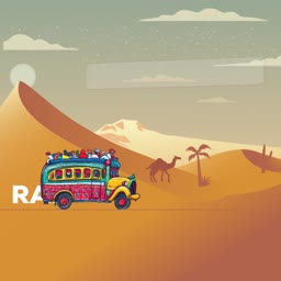 A colorful bus traveling across a desert landscape with sand dunes and a camel