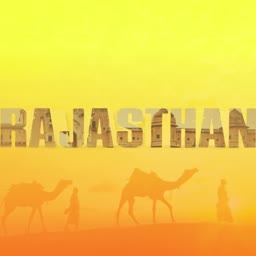 Camel caravan silhouettes against a yellow desert background with Rajasthan text overlay