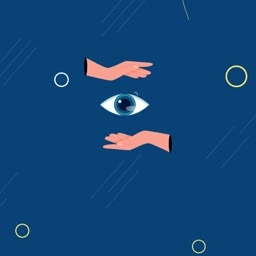 A minimalist illustration featuring a human eye floating between two hands against a dark blue background.