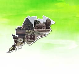 Map of Odisha state silhouette with a collage of famous temples and cultural landmarks