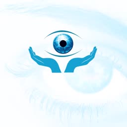 A stylized blue eye resting above two hands, representing eye care and vision protection.