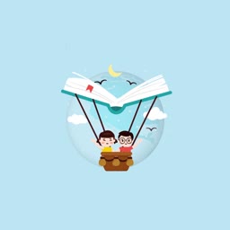 A cartoon illustration of a young boy and girl sitting in a woven basket suspended by an open book acting as a hot air balloon against a light blue sky.
