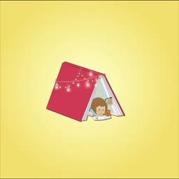 An illustration of a child reading inside a tent made from an open book with fairy lights on a yellow background