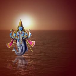 Lord Vishnu as Matsya avatar emerging from the sea at sunset