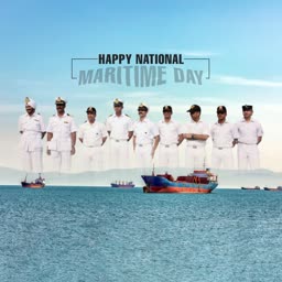 A group of maritime officers standing in front of a blue sea background with cargo ships and text reading Happy National Maritime Day
