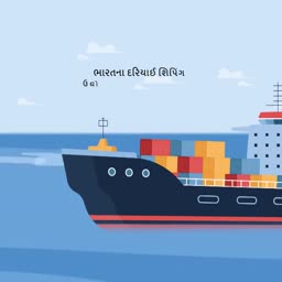 A cargo ship sailing on the sea with Gujarati text, representing Indian maritime shipping.
