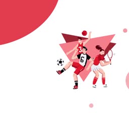 An illustration showing three athletes playing football and tennis in a modern graphic style.