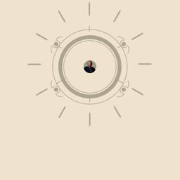 A minimalist circular sun symbol graphic with a small portrait in the center against a light beige background