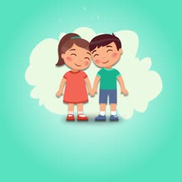 A cartoon illustration of a happy little girl and boy holding hands against a soft cloud background.