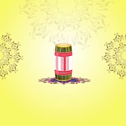 A traditional Assamese drum known as Dhol on a decorated yellow background with intricate patterns