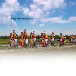 A group of people in traditional attire riding bicycles through a rural landscape under a blue sky.