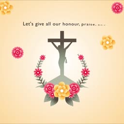 A cross with the silhouette of Jesus surrounded by floral decorations and text on a beige background.