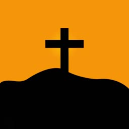 Black silhouette of a Christian cross standing on a dark hill against a vibrant orange sunset background