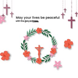 A floral wreath surrounding a crucifix with hanging cross ornaments and peaceful text.
