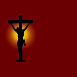 A black silhouette of Jesus Christ on the cross against a glowing yellow and deep red background.