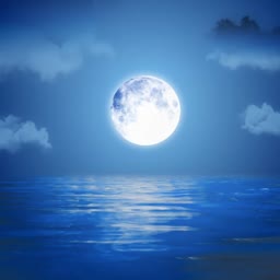 A bright full moon reflecting over a calm deep blue ocean at night